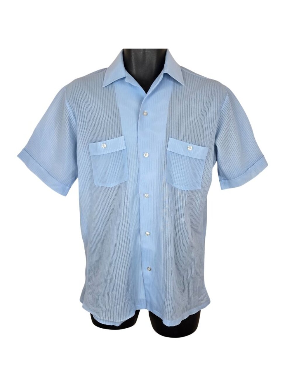 Vintage 70s Kingsport Mens Small Blue Short Sleeve Button-Up Shirt Polyester